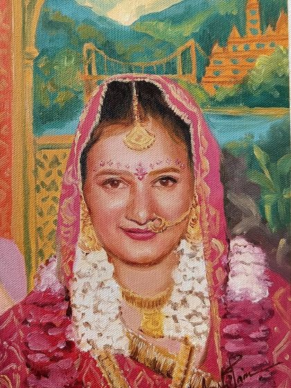A close-up of the bride from the custom anniversary portrait, with the Rishikesh landscape I painted in the background.