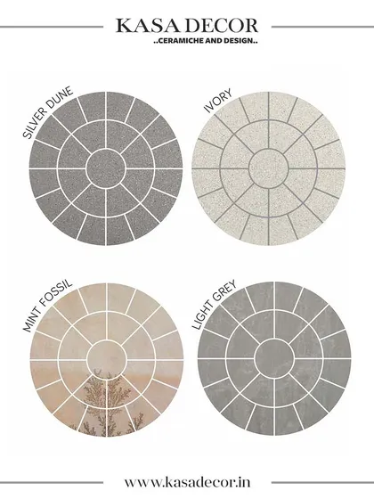 A color palette for our circular driveway tiles, available in shades like Silver Dune, Ivory, Mint Fossil, and Light Grey. These tiles make every arrival a statement.