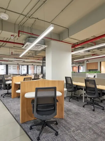 An open office environment with a mix of workstation configurations. The design uses low wooden partitions to create a sense of personal space without sacrificing the open feel.