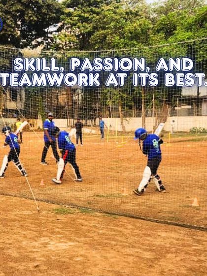 Young cricketers practicing their batting in the nets. The overlay text, "Skill, passion, and teamwork at its best," perfectly describes the core principles of our coaching philosophy.