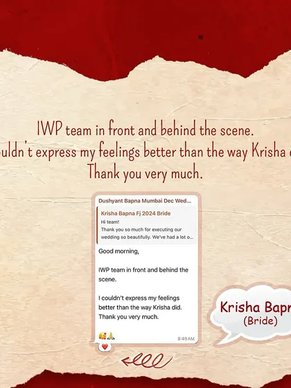 A screenshot of a message from the bride, Krisha, expressing her gratitude. These personal notes are a cherished reminder of the impact we make.