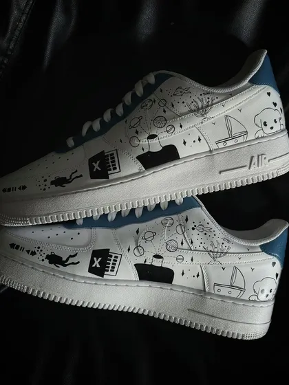 A top-down view of the personal doodle custom sneakers.