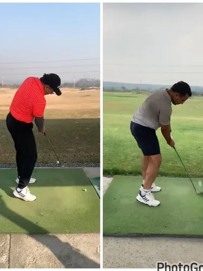 The impact position after our lessons. Notice how the player is maintaining his posture and rotating through the ball, a huge change from the 'before' swing.