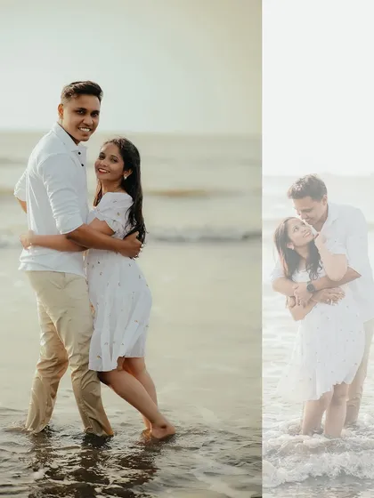 Splashing in the waves and laughing together. This pre-wedding photo collage captures the fun and playful side of a couple's relationship during their beach photoshoot.