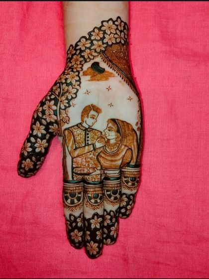 A romantic Karva Chauth theme showing a husband helping his wife break her fast. The design is framed with delicate floral patterns, capturing a sweet moment.