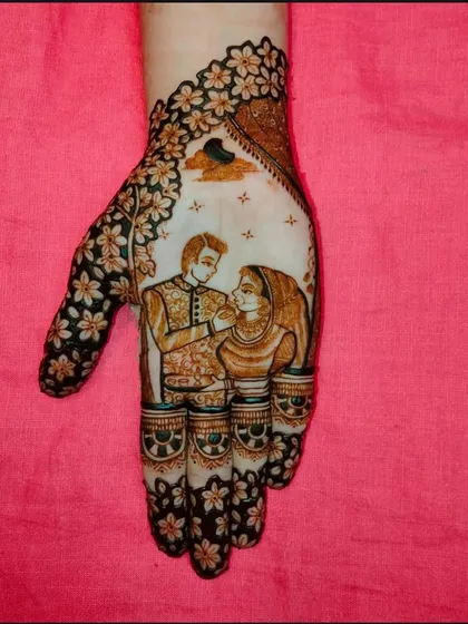 A romantic Karva Chauth theme showing a husband helping his wife break her fast. The design is framed with delicate floral patterns, capturing a sweet moment.