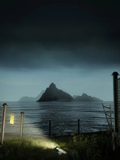 The original atmospheric shot that became the "Flicker Island" poster. A lone flashlight on a fenced-off shore points toward a mysterious, craggy island in the distance, creating a sense of mystery and foreboding.