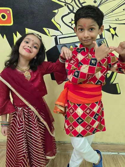 Dressed as Radha and Krishna, these two are all set for our Janmashtami celebration at the dance studio.