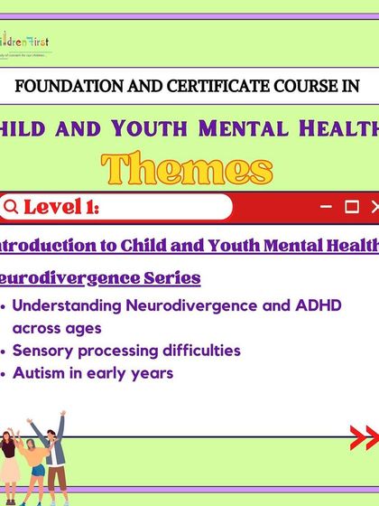 This graphic provides a look into Level 1 of our CYMH course curriculum. It details the themes covered in the Neurodivergence Series, including understanding ADHD, sensory processing difficulties, and autism in the early years.