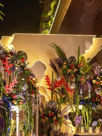 A creative and vibrant floral photo booth. I used a mix of exotic flowers and foliage against an abstract, illuminated map of India to create a unique backdrop for pictures.