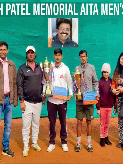 The winners and runners-up of the 7th Rajesh Patel Memorial AITA Men's Tournament.