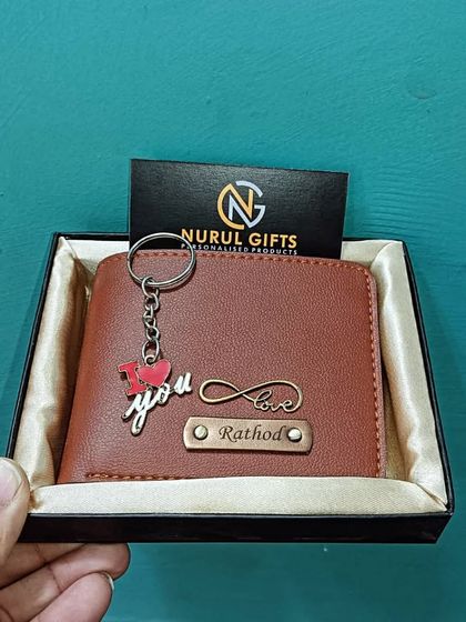 A Valentine's special offer. This brown leather wallet comes with a free 'I love you' keychain.