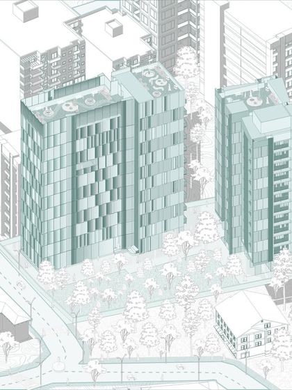 This isometric illustration shows the Oak Business Center, a project that seamlessly blends sleek office amenities with upscale residential living. The rich olive color and checkerboard facade pattern honor the diverse essence of its surroundings.