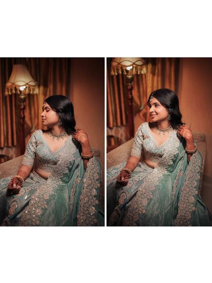 A diptych showing the bride in her elegant engagement lehenga, capturing both a candid smile and a more posed, graceful look.