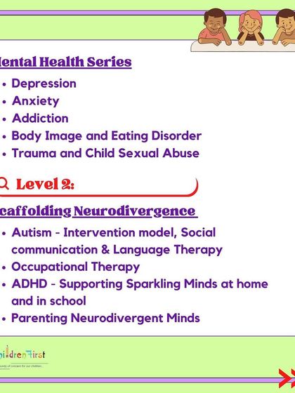 A glimpse into the advanced topics covered in our CYMH course. This visual outlines the Mental Health Series, which addresses depression, anxiety, addiction, and trauma, and the Scaffolding Neurodivergence module, focusing on intervention models for Autism and ADHD.