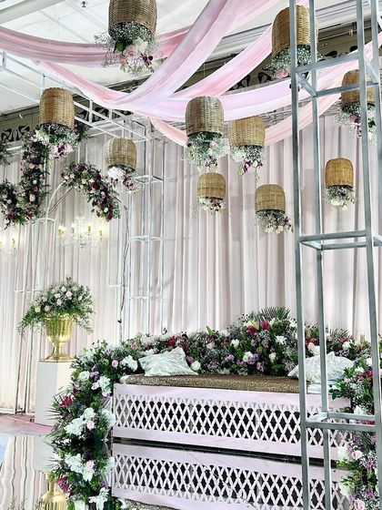 Another perspective of the dreamy Valima stage for Ashraf and Saba. The combination of the industrial truss, soft draping, and rustic floral baskets created a beautiful contrast.