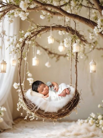 A serene portrait featuring a baby sleeping in a hanging nest surrounded by white blossoms. This is another example of how I blend physical props with digital backgrounds for a fine art look.