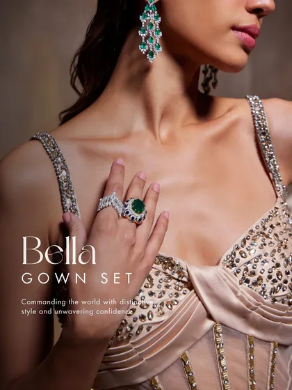 A detail shot of the Bella Gown Set, focusing on the intricate hand-beading on the corset and the elegant embellished straps that command attention.