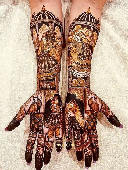 The complete bridal mehendi, featuring portraits of Radha Krishna, the bride and groom, and other wedding scenes, telling a story of love, both divine and personal.