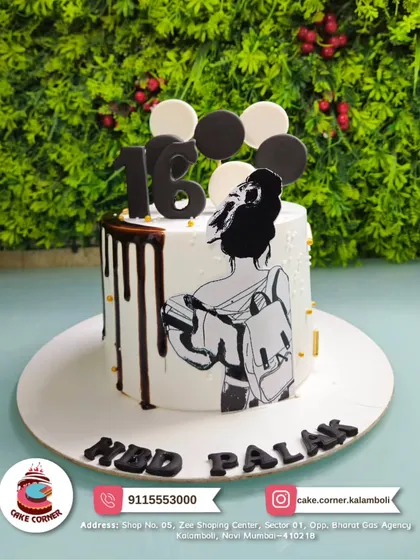 A modern black and white cake for Palak's 16th birthday. The chocolate drip and silhouette design make it a chic and stylish choice for a milestone celebration.