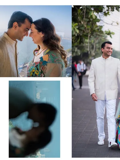 This collage combines intimate close-ups, a silhouette, and a happy portrait, telling a complete story of their pre-wedding moments at a rooftop venue overlooking Marine Drive.