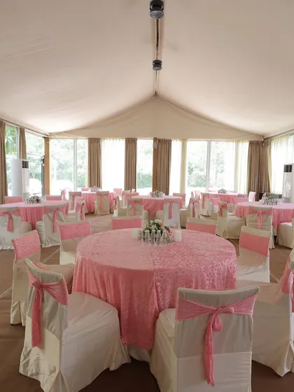 A tented outdoor seating area, perfect for a day-time mehendi or lunch event.