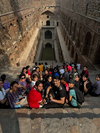A large group celebrating a special occasion with us at the Agrasen ki Baoli stepwell. We love hosting private and corporate groups for unique city explorations.