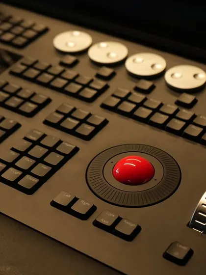 The responsive encoders and buttons on the Avolites D9 console. This level of control is essential for film, television, and large-scale event lighting.