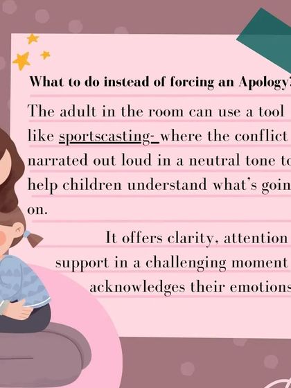 This series of infographics discusses why forced apologies are ineffective and introduces "sportscasting" as a tool to help children understand conflict and develop genuine empathy.