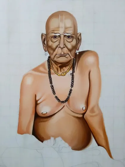 Continuing to build the form of the torso for the Swami Samarth painting. This stage is all about understanding the anatomy and how light falls on the body.