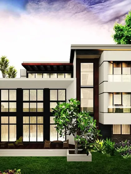 A design concept for a contemporary villa, emphasizing a strong connection between indoor and outdoor spaces. The double-height glass facade opens up the living area to the lush garden, creating a sanctuary of modern living.