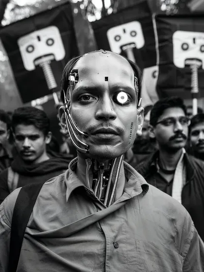 A concept for 'MekaMantri', a politician reborn as a cyborg. This black and white image shows him at a political rally, a man caught between human and machine.