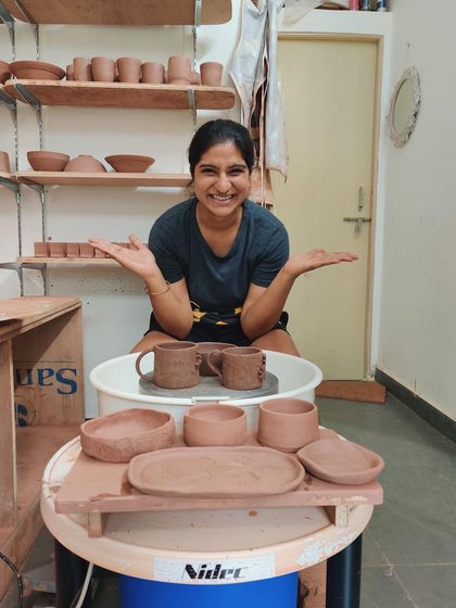 Look at this amazing collection from our first 'Rooting in Mud' student. After one month, she created a full set of bowls, mugs, and platters using both wheel-throwing and hand-building techniques.