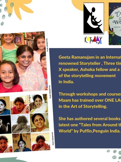 A collage celebrating the incredible Geeta Ramanujam, an internationally renowned storyteller, TEDx speaker, and pioneer of the storytelling movement in India.