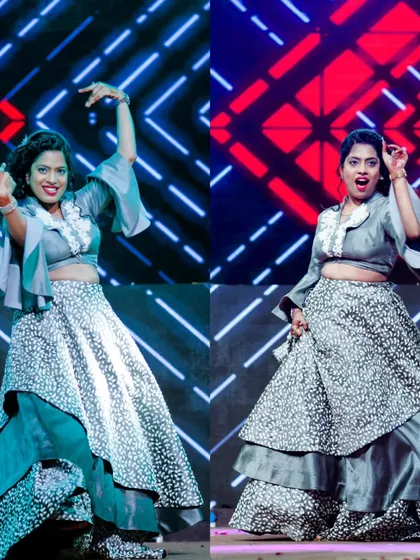 "Kudi nu Nachne de." This performer is bringing all the Bollywood groove and energy to her solo moment on the dance floor.