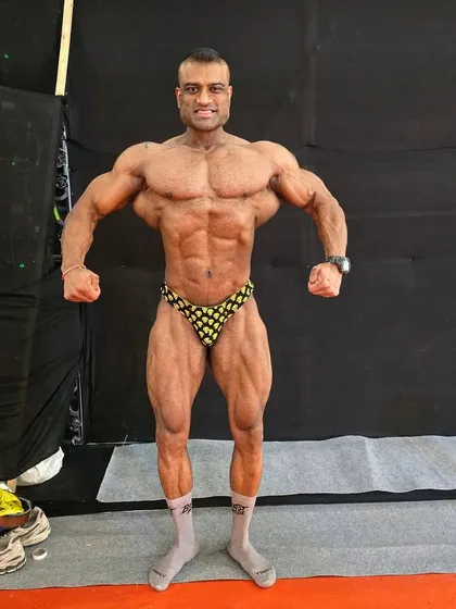One day out from my Pro Card win at the Sheru Classic 2025, weighing 97 kgs. This picture represents the peak of my conditioning, where symmetry and definition are key.
