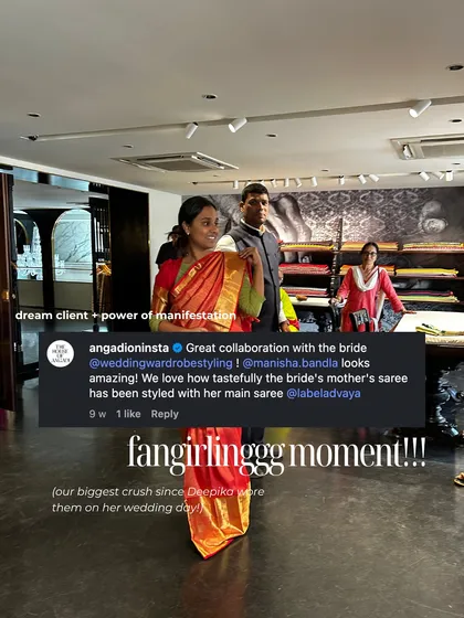 A 'fangirling moment' for us, when a renowned designer brand we admire commented on our collaboration with a bride. It was a dream client and a power of manifestation moment.