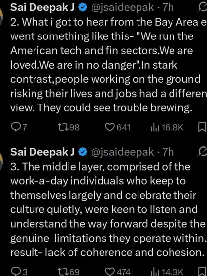 Continuing my analysis of the Indian American community. I contrast the misplaced confidence of the elites with the concerns of those on the ground, highlighting a lack of cohesion within the community.