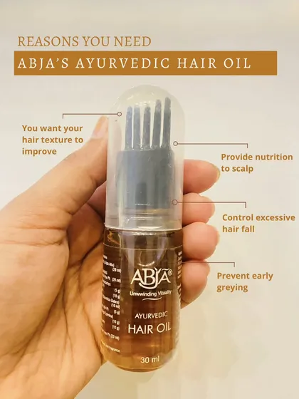 This graphic highlights the reasons you need my Ayurvedic Hair Oil, from improving texture to controlling hair fall.