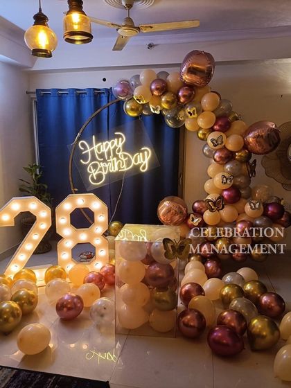 A complete view of the 28th birthday setup, showing how all the elements work together to create a beautiful and personalized photo corner.