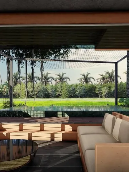 A design rendering for the Corgao Villa in Goa, illustrating how I break the boundary between inside and outside. The living space opens completely to a deck and pool, creating an expansive, breezy home perfect for a tropical climate.