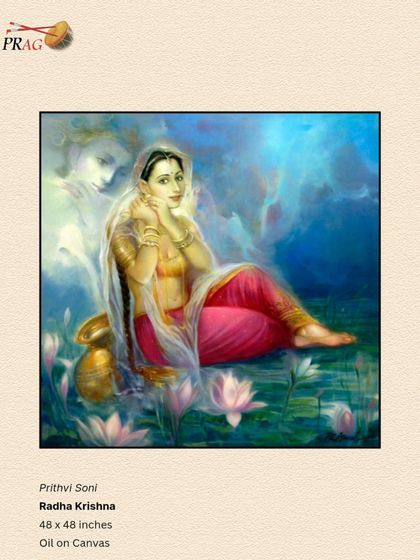 Prithvi Soni's ethereal "Radha Krishna" is an oil on canvas with soft, blended colors. The simple black frame provides a grounding contrast to the dreamlike quality of the scene.