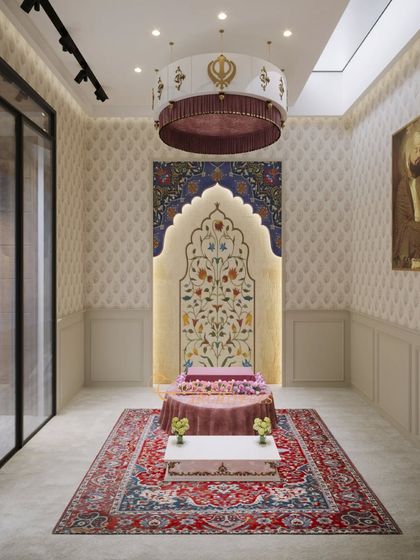 A perfect balance of culture and modernity. This prayer room features a beautiful floral inlay arch, a traditional rug, and a custom chandelier, creating a space that elevates the soul.