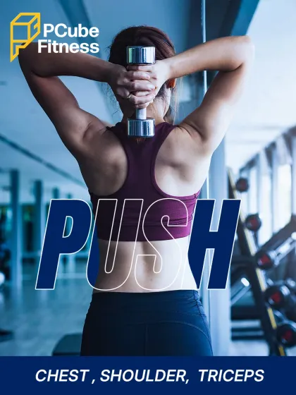 Push day essentials. A member performs a dumbbell tricep extension, a key exercise for building strong arms and shoulders.