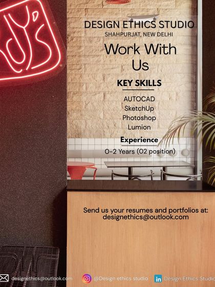 This ad for Design Ethics Studio in New Delhi lists key software skills like AutoCAD, SketchUp, and Lumion for an architect position with 0-2 years of experience.