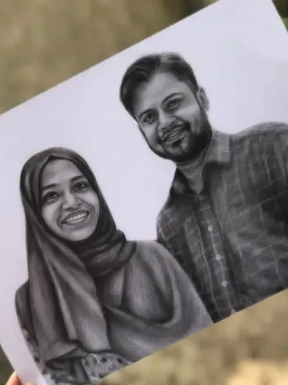 A beautiful A4 couple portrait for a client in Kerala. I took care to sketch the details in her hijab and their happy expressions, creating a wonderful keepsake.