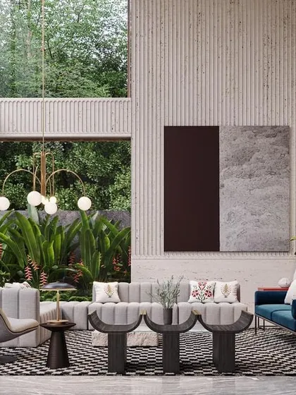 This render for an upcoming project shows a double-height living space that opens onto a lush garden. The design uses textured walls, a geometric rug, and a mix of furniture styles to create a space that is both grand and inviting.