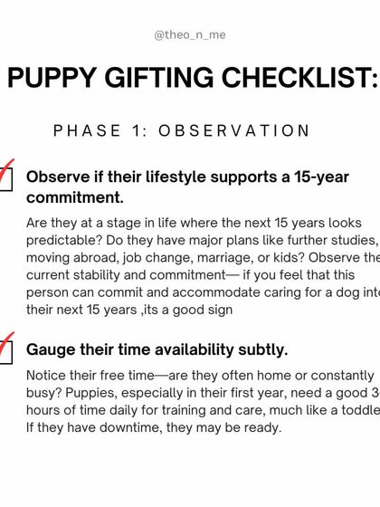 Gifting a puppy can be a wonderful thing, but it's a 15-year commitment, not a sweater. I created this checklist to help people make a responsible, informed decision that sets both the new puppy and their parent up for success.