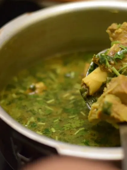 Aalni Mutton, a nourishing broth made with mutton, ginger, garlic, and lots of fresh coriander. It's my mom's recipe for a comforting meal, perfect for a cool day.