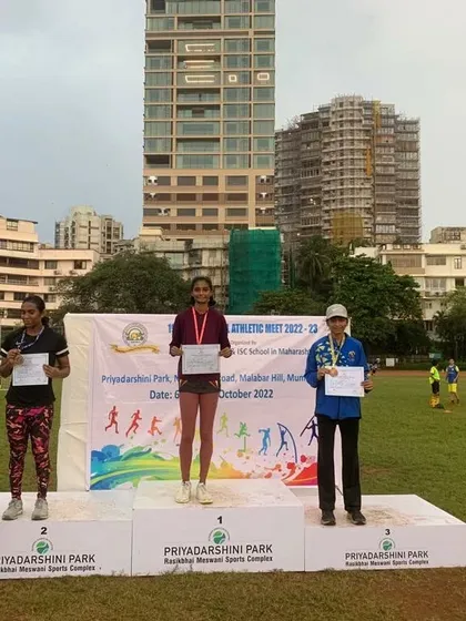 The podium for the 600m run, Girls U/14, at the Zonal meet, with my athlete Dhwani winning the bronze medal.